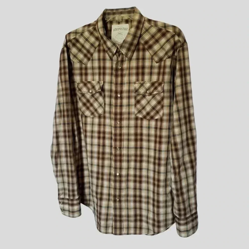 Aeropostale multi frontier plaid long sleeve snap western shirt sz M